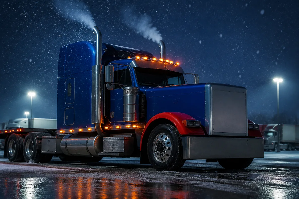 A blue semi-truck with red fenders idling at a snowy truck stop at dusk, amber marker lights glowing