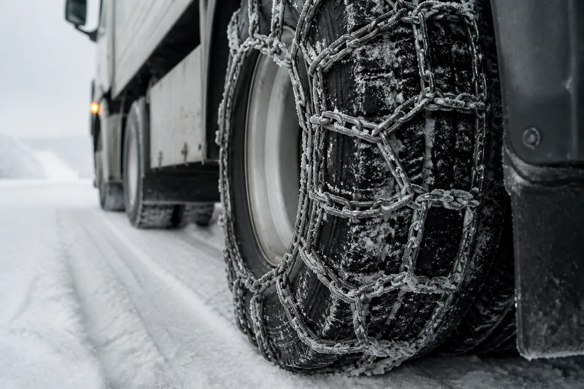 Steel chains on a truck tire on a snow-packed road, frost on every link