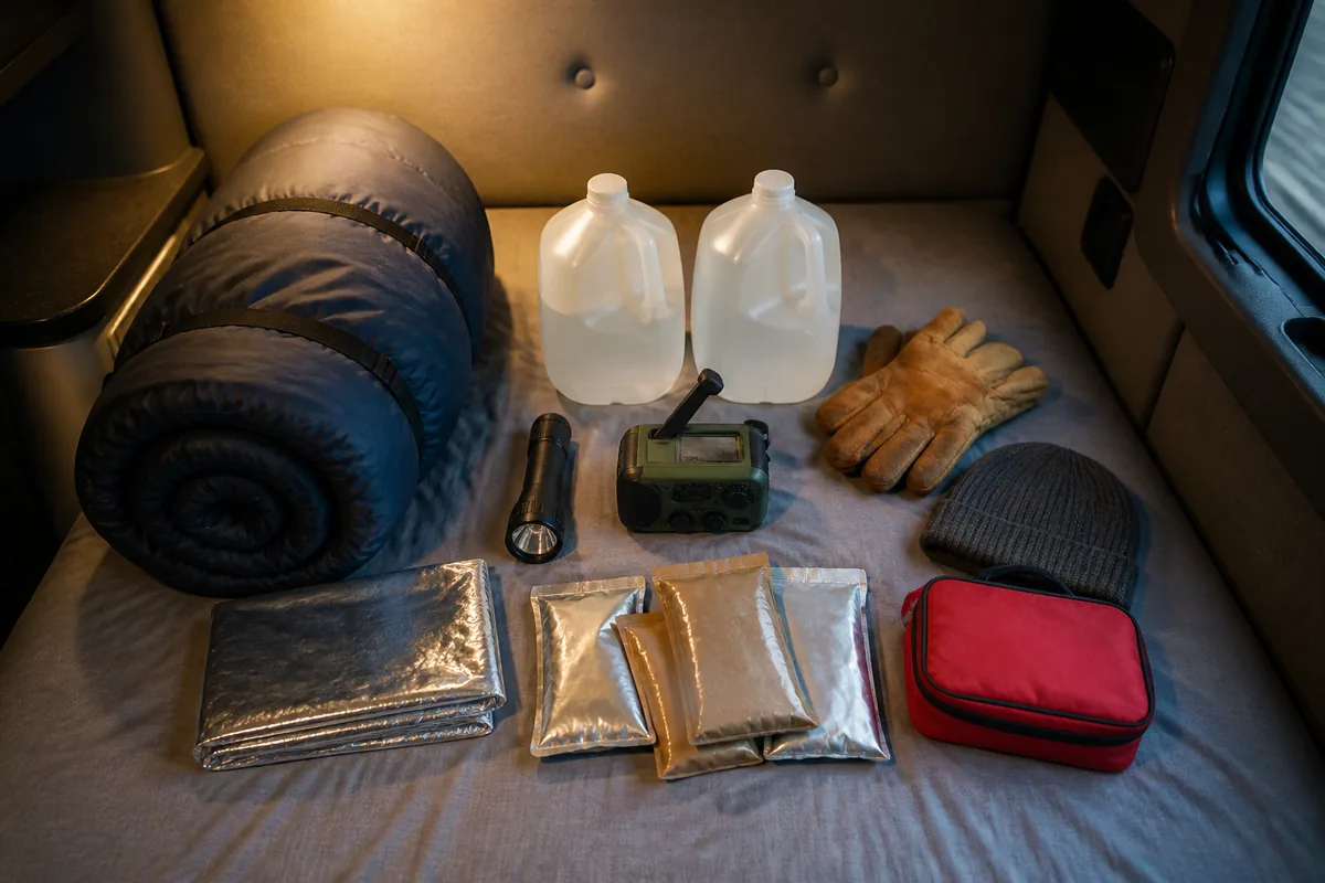 A winter stranded kit laid out on a sleeper bunk: sleeping bag, water jugs, flashlight, crank radio, gloves, hat, thermal blanket, food packets and a first-aid bag